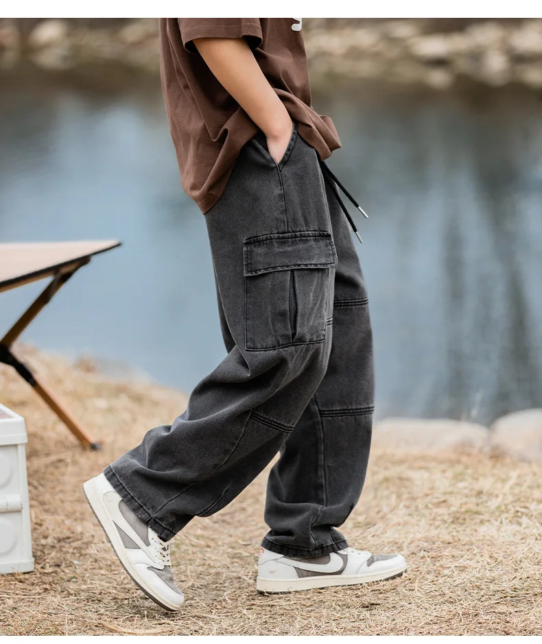 Double three-dimensional pocket jeans retro washed and patchwork straight leg loose pants joggers