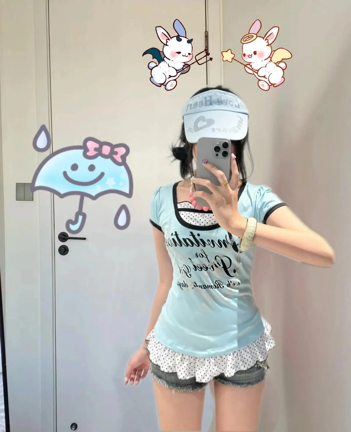 Y2K Millennium Hot Girl Letter Print Slim ort Sve Vintage Polka Dot Splice Ruffle Hem Top Fake Two-Piece T-irt