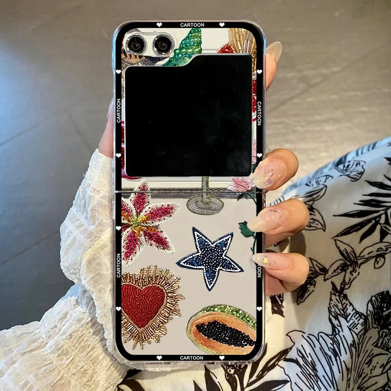 Retro Beaded Heart & Flower Pattern Folding Phone Case - Fashion Cocktail Fruit Design, Clear PC Cover