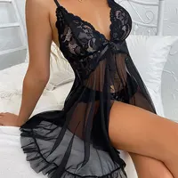 Sexy Nightgown Set Plus Size Sets Transparent Ultra-thin Women Pajamas Lace Brathong Set  Summer Lingerie Hot Mini Night Dress - Image 3