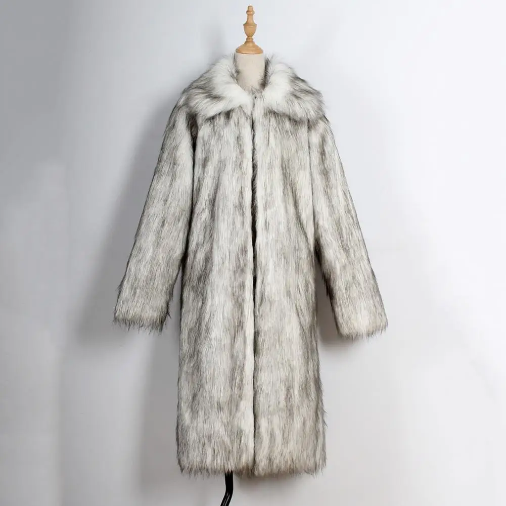 Men Long Faux Fur Overcoat Lapel Long Sleeve Windproof Open Front Coat Thickened Warm Imitation Fur Outwear