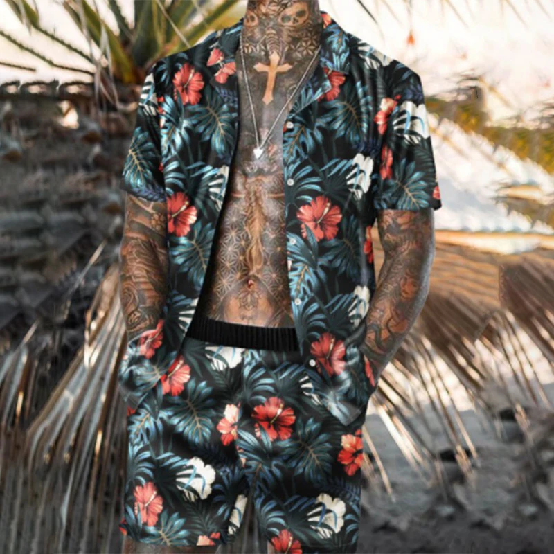 

Floral Printing Short Sleeve Button Shirt Beach Shorts Two Set Casual Holiday Men's 2 Piece Suit Trend Summer Men Hawaiian Sets