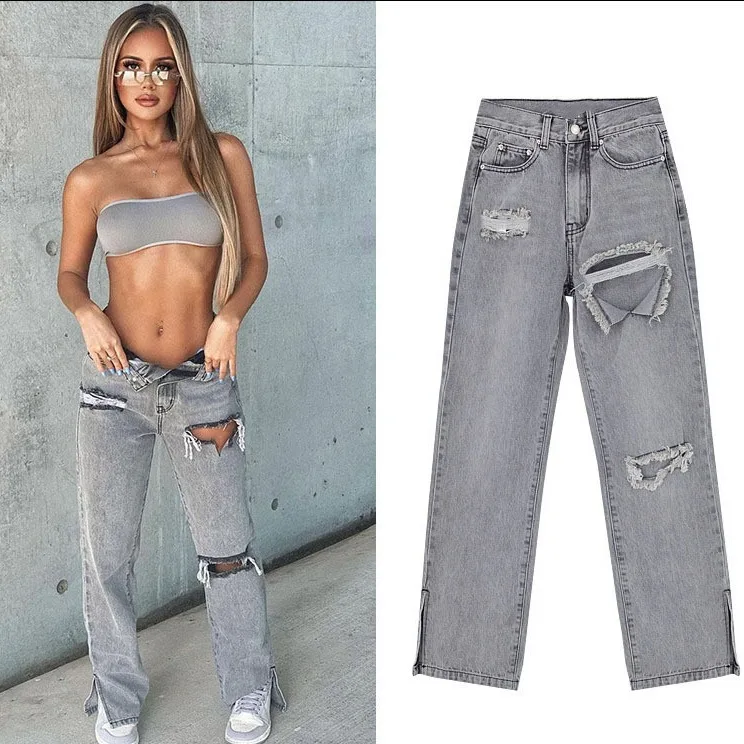 

Women's Clothing High Waist Thin Straight Leg Denim Trousers Pants Ripped Slit Flared Pants Hollow Out Sexy Summer