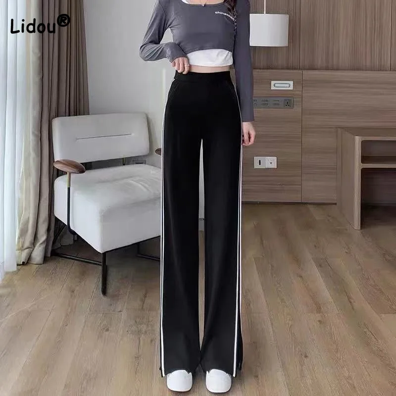 Spring Summer New Casual Side Slit Striped Black Loose Wide-leg Pants Womens All-match Drape High Waist Straight Sports Trousers