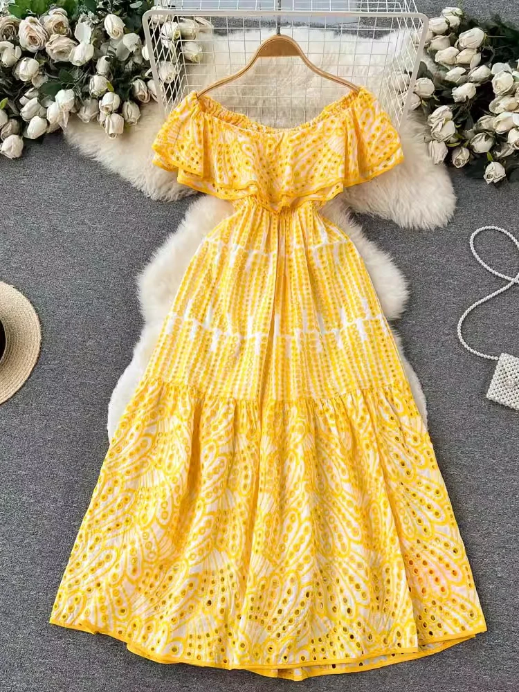 

Summer Women Yellow/White Hollow Out Embroidered Long Dress Sexy Off Shoulder High Waist Ruffle Vacation Beach Vestidos Robe New