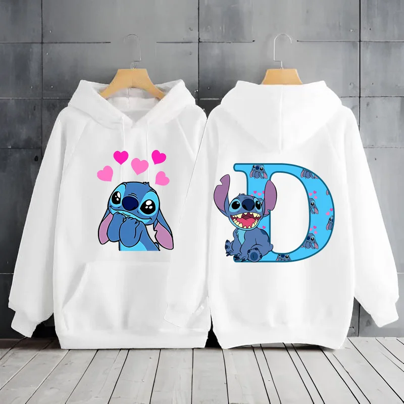 2024 Women's Winter Jacket Cute Kawaii Disney Lilo & Stitch Lucky Letter Print White Hoodie Fashion Couple Streetwear Sportswear 5
