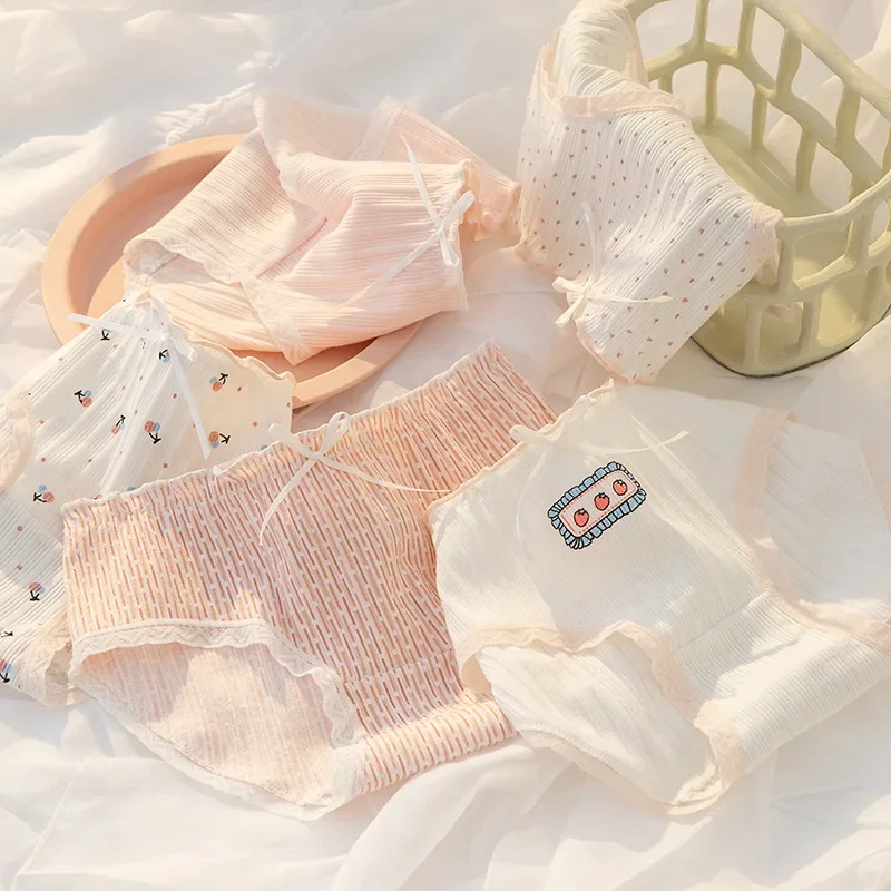 

New Lovely Women's Cotton Underwear Girl Bow Panties Sexy Lace Panties Mid Waist Seamless Comfort Briefs Female Lingerie