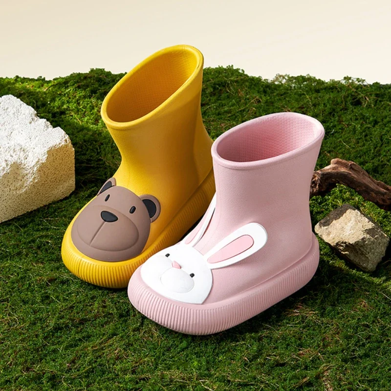 Children Rain Boots 2024 Four Season Cute Cartoon Rain Shoes Waterproof Boys Girls Non-Slip Rubber Shoes Rabbit Bear Baby Boots