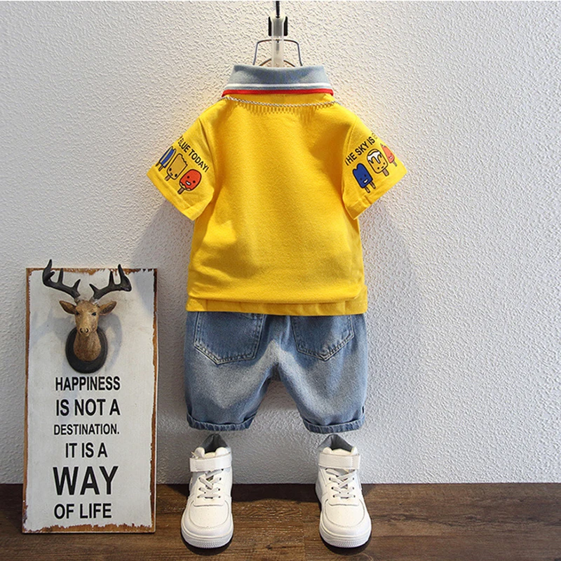 2-10 Years Kids Boys Clothes Set Summer Short Sleeve Cartoon Print Lapel T-shirt And Denim Shorts 2PCS Children Tracksuit Outfit 5