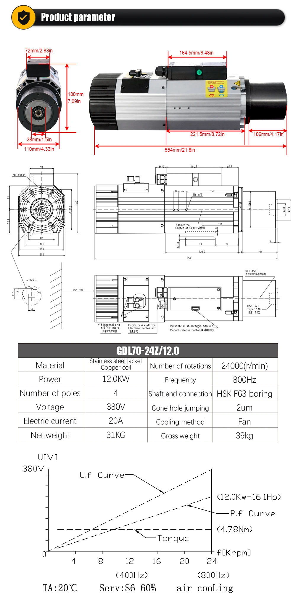 HQD ATC Spindle Motor 12kw For wood Aluminium soft metal ISO30 HSK63F 24000rpm+1