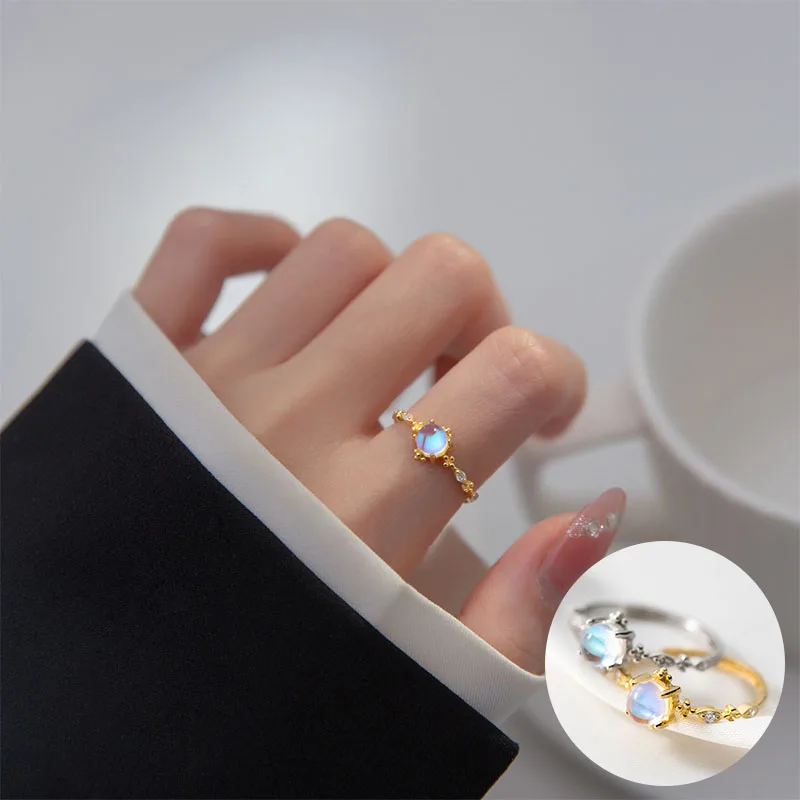 

100% 925 Sterling Silver Moon Stone Geometric Open Ring for Women Girl Fashion Round Design Jewelry Party Gift Dropshipping