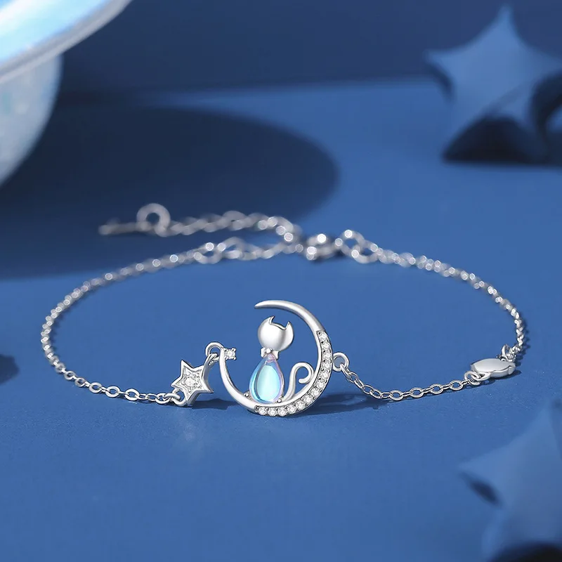 Women's European Sparkling S925 Sterling Silver Pave AAA CZ Cat Moon Jewelry Set - Necklace Earrings Bracelet for Birthday Gift 4