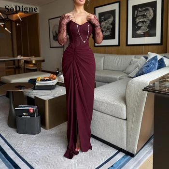SoDigne Sexy Lace Patchwork Chiffon Evening Dresses Full Sleeves Sheath Prom Dress Pleated High Slit Party Gowns 2026 Customized 1