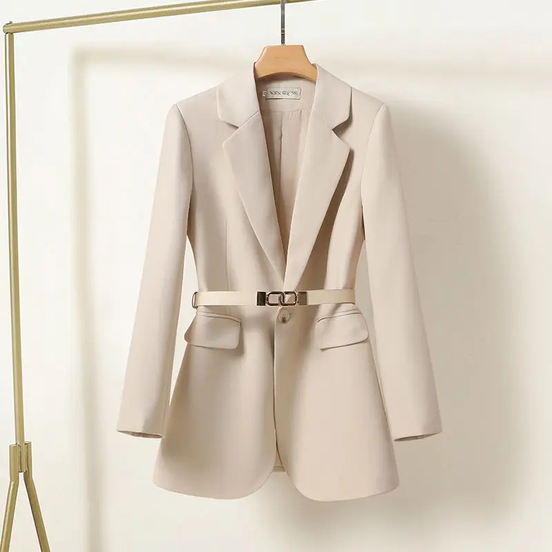 

Apricot Blazer Jacket 2023 New Autumn/Winter Women's Chic Belt Design Office Work Clothes Slim Waist Fashion Commuter Top Trend