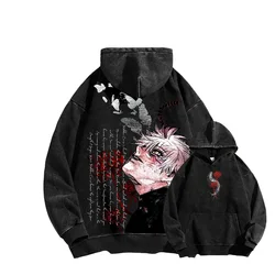 Vintage Washed Tokyo Ghoul Graphic Cotton Hoodie - Unisex Casual Streetwear - XXL (Black)