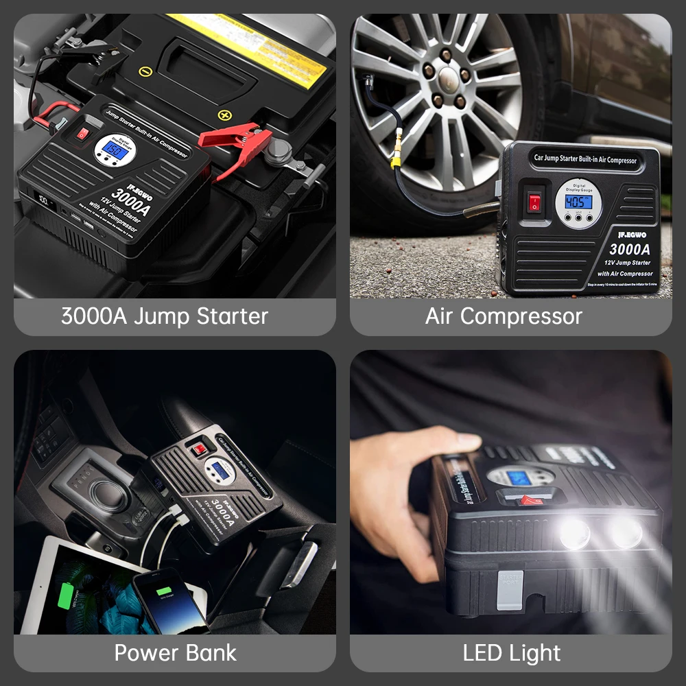 2000A 3000A Car Jump Starter Device Booster Air Compressor 24000mAh Power Bank Emergency Battery Charger Starting 12V