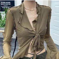 Long Flare Sleeve Blouses for Women Lace-up Mesh Sexy Sweet Hot Girls Korean Fashion Style All-match Solid Design Elegant Casual - Image 4