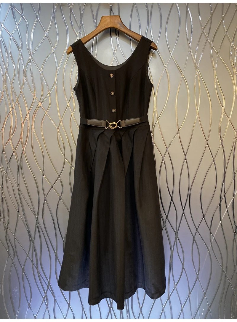 

Slim Fit & Flare Dress 2023 Summer Fashion Style Ladies Tunic Button Belt Deco Sleeveless Mid-Calf Casual Party Club Dress