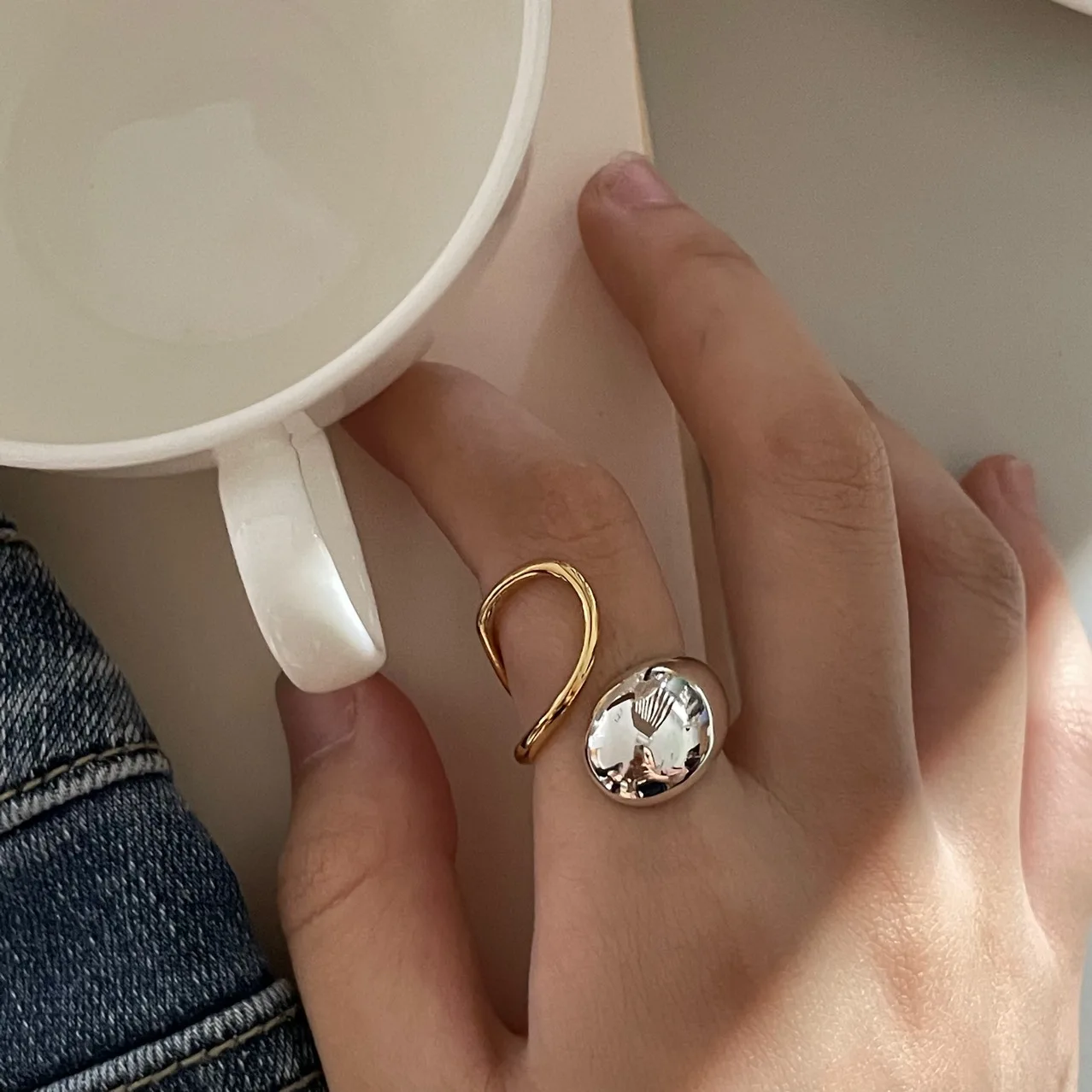 Brass Geo 2 Tone Solid Rings Women Jewelry Punk Style