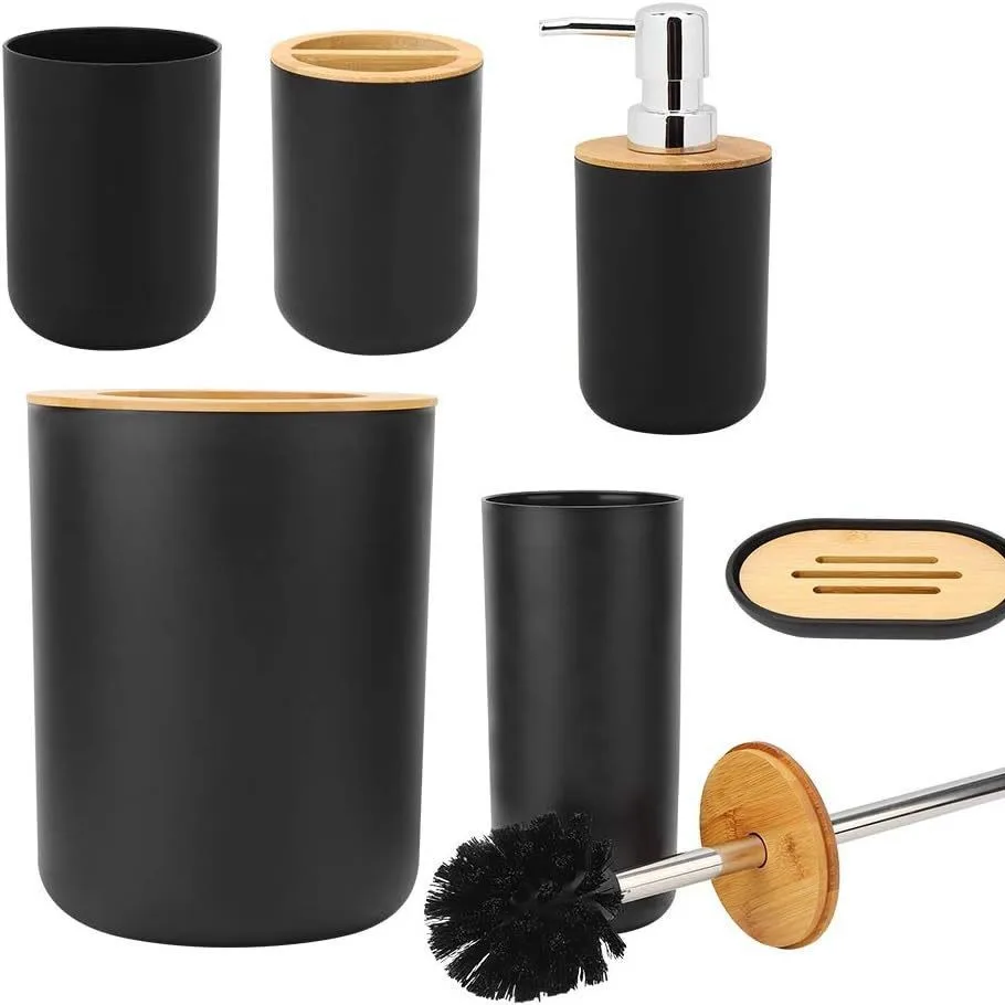 Bathroom Washing Bamboo Six-Piece Set Lotion Pump Toothbrush Cup Soap Box Trash Can