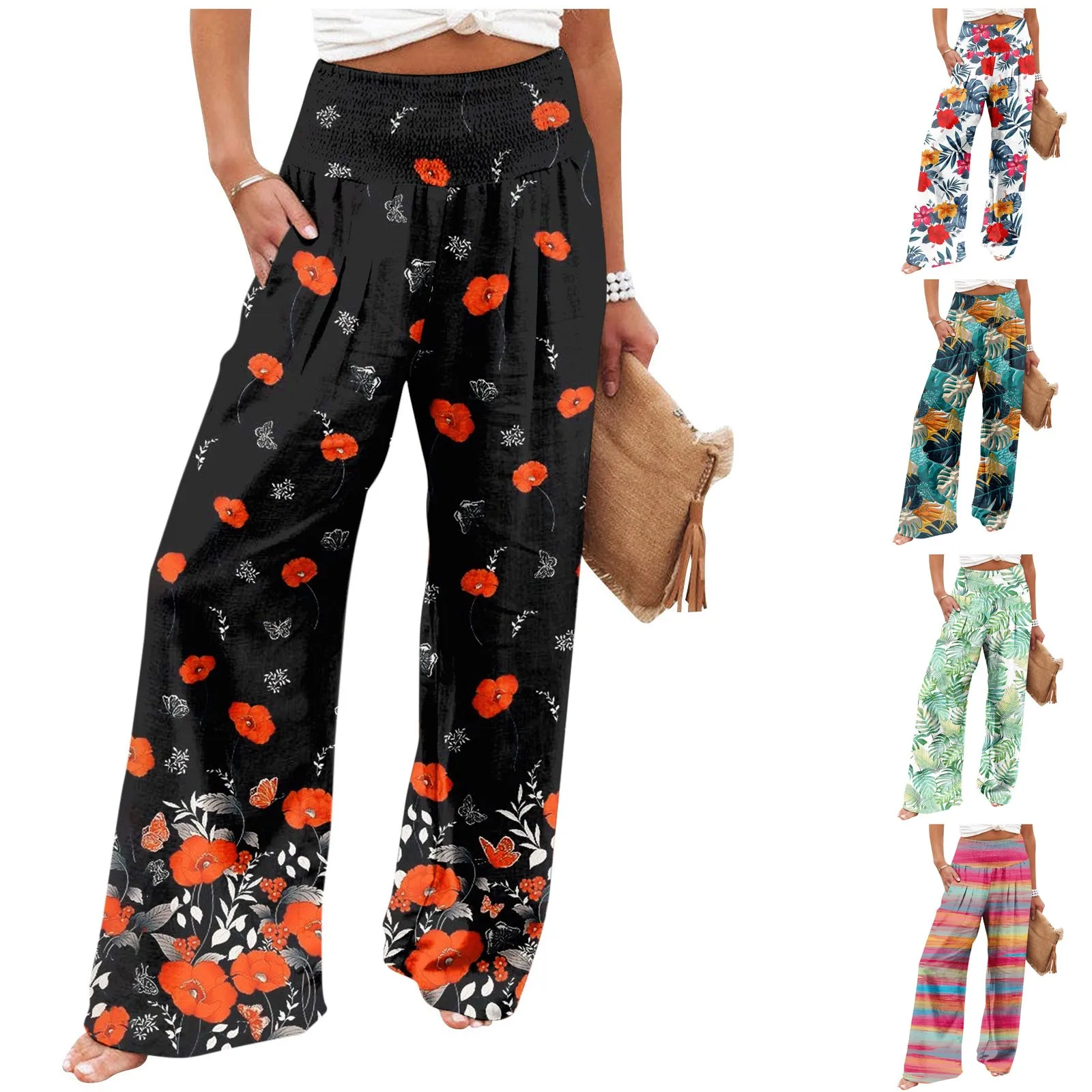 

Women's Fashion High Waist Pants Women's Elastic Wide Leg Pants Casual And Comfortable Beach Slacks pantalones de mujer 숙녀 바지