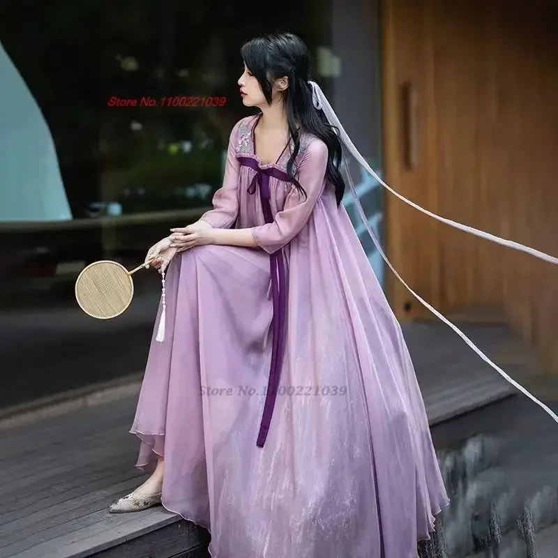 

2023 traditional women fairy costume improved ruqun hanfu dress national flower embroidery chiffon dress vintage princess dress