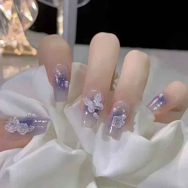 Ballerina Long Square Nail Tips False Nails Wearable Fake Nails Butterfly Camellia Flower Pearl Design Press on 24Pcs fake nails false nails nail tips false nail tips