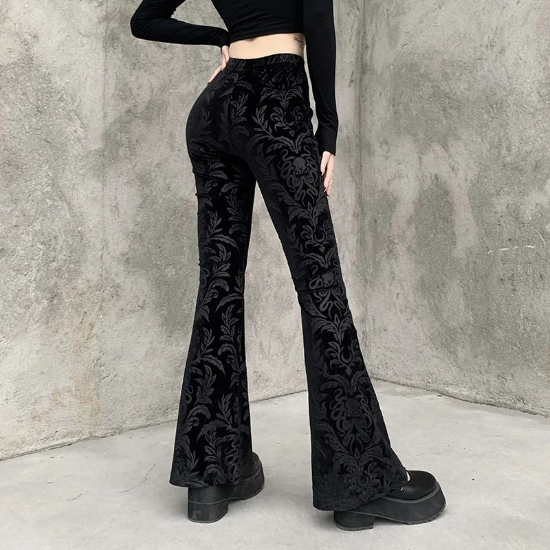 2023 New Retro Gothic Print Black Pants Harajuku High Waist Flared Pants Gothic Aesthetic Punk High Waist Women Velvet Trousers retro streetwearflame print jeans 2023 y2k blue fashion ripped wide leg pants hip hop gothic harajuku high waist women trousers