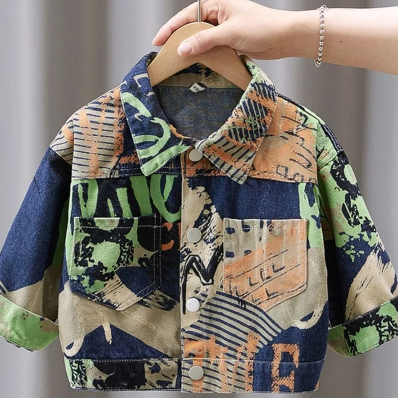 

Boys' Lapel Long Sleeved Printed Denim Cardigan Jacket Fashionable Casual Versatile Fashionable Popularity Lively Cute Top