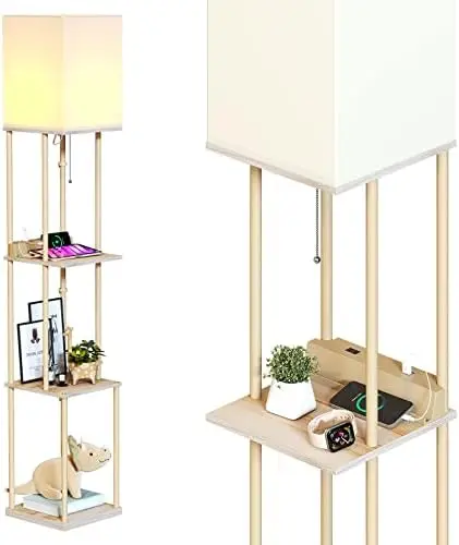 

Lamp with Shelves, Iron Pole Standing Lamp with 2 USB Ports and 1 Power Outlet, Floor Lamps with Beige Wood Grain and 3 Color Te