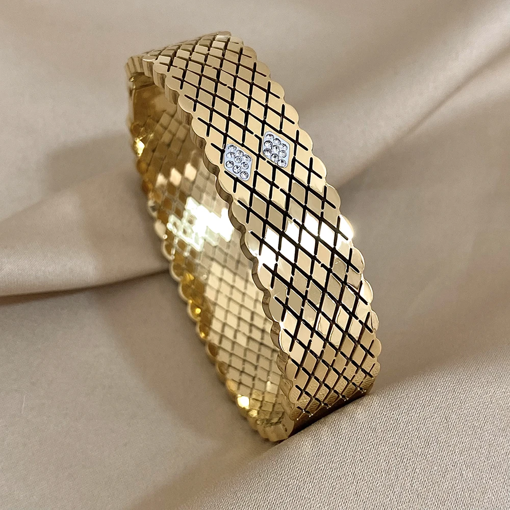 Stainless Steel Corssed Rhombus Grid Bracelet Bangle for Women Waterproof Rhinestones Cuff Bracelet Wristband Jewelry Gifts 2