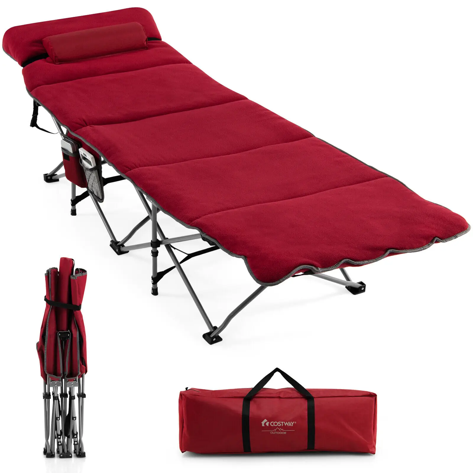 

Costway Folding Retractable Travel Camping Cot w/Removable Mattress & Carry Bag Red