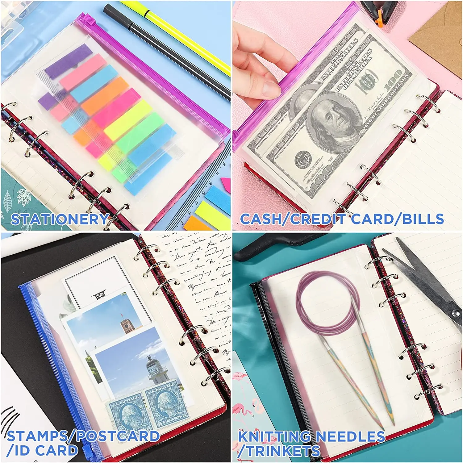 6pcs A5 A6 A7 Cash Envelopes for Budgeting Clear Zipper Folders Binder Pockets Loose Leaf Bag for 6-Hole Pouch Document Filing