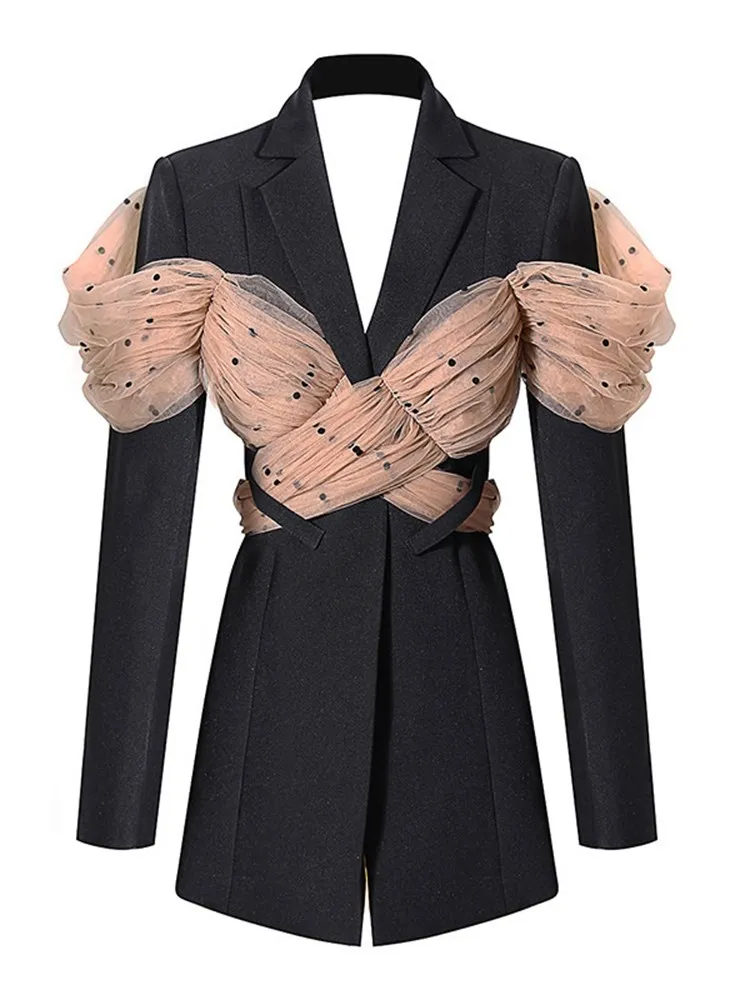 KBQ-Spliced Mesh Blazer for Women, Notched Collar,Long Sleeve,Backless,Crisscross Colorblock Blazers,Female Fashion Clothing,New