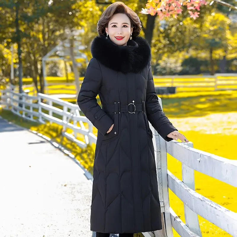 2023 Winter New Middle-Aged Women Down Jacket Long Below The Knee Large Size Thick Warm Outwear Fashion Slim Fit Hooded Parkas