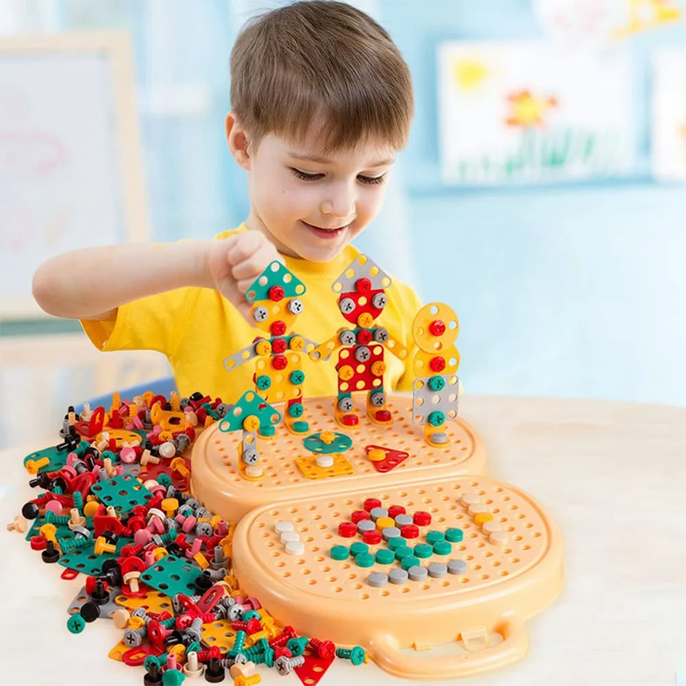 203 Pieces Children's Repair Toolbox Creative Mosaic Puzzle Toy With Electric Drill Screw Tool Set Kids DIY Learning Toys