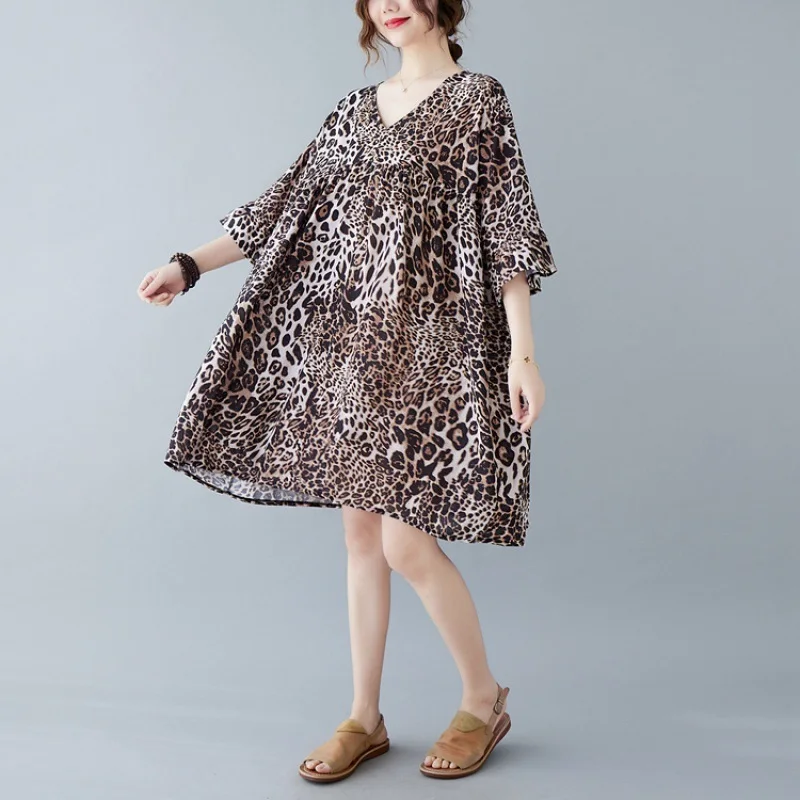

Aransue Spring Summer 2022 New Leopard Cotton Linen Neck Short Sleeve Waist Loose Ramie Dress