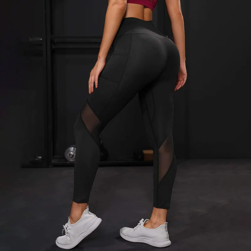 Sports Leggings Yoga Pants Women Mesh High Waist With Pockets Tummy Control Workout