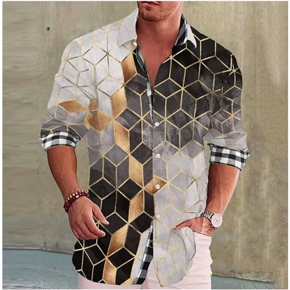 New men's shirt 3D square pattern printed long sleeved lapel shirt party club fashion casual top comfortable and soft fabric