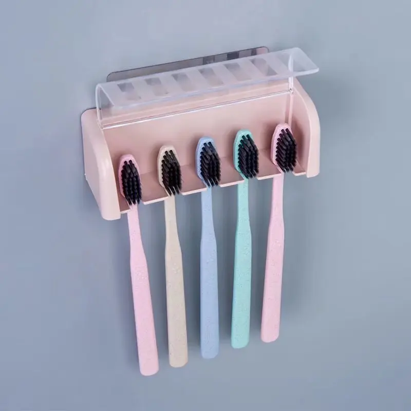 Toothbrush Holder Bathroom Storage Rack Bathroom Wallmount Toothbrush Holder with Cover 5 Slots Without Drilling Home Bathroom Self Adhered Toothbrush Storage Racks