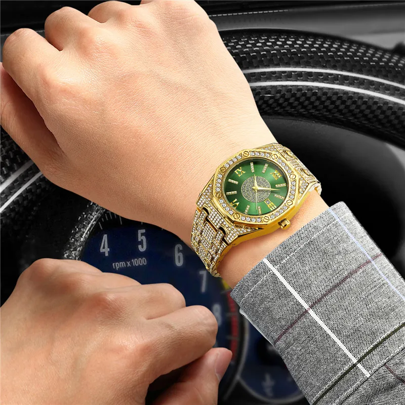 1pc / lot Cool Brand Watches For Men Hip Hop Full Diamond Golden Alloy Band Calendar Quartz Watch Relogio Masculino Ouro 2024