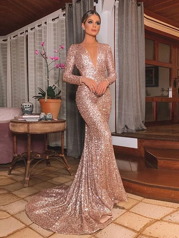 Sequined Evening Dresses Backless Full Sleeves Mermaid V Neck Sexy Sweep Train Long Prom Gowns Formal Party Special Occasion