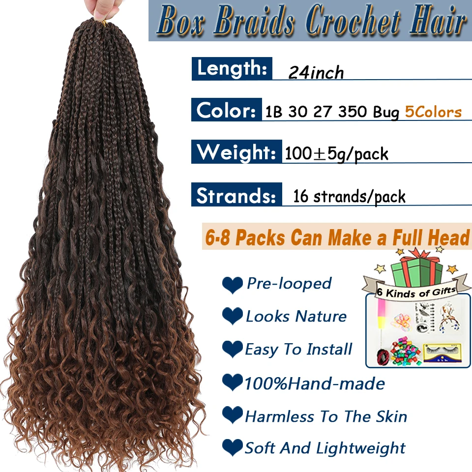 24 inch bohomian goddess box braids crochet hair t30 boho braids long crochet box synthetic hair extensions braiding
