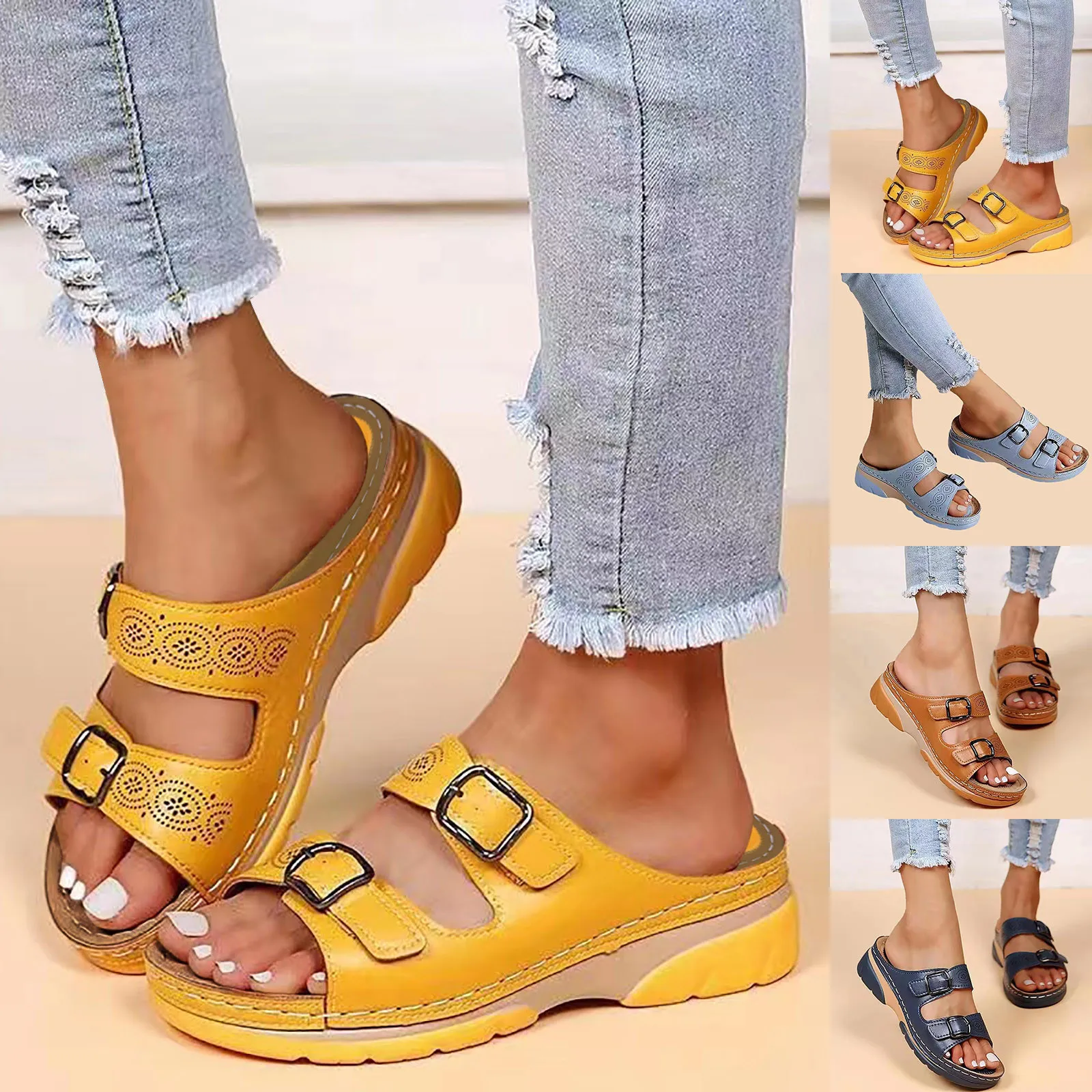 

Fashion Double Buckle Wedge Slippers 2023 Summer Women PU Leather Platform Open Toe Sandals Bohemia Casual Non Slip Beach Shoes