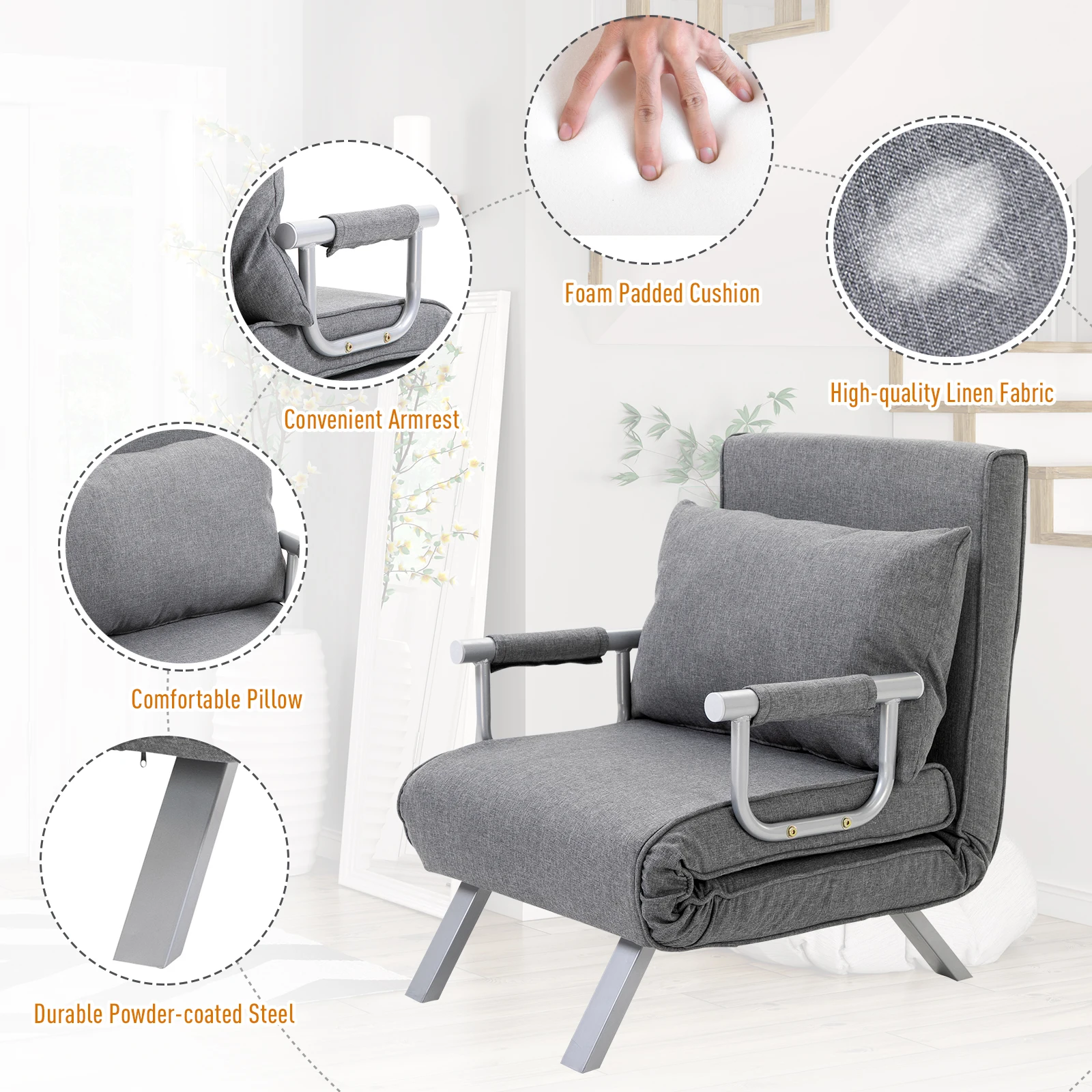 Modern Futon Sofa Lounger Couch withAdjustable Backrest & Comfy Pillow, Light Grey