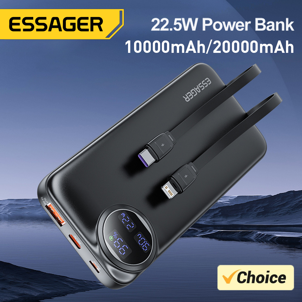 Essager 22.5W Power Bank 20000mAh with Two Built-in Cables Portable Charger For iPhone 15 Pro Max,Charge 4 Devices at Once ï»¿