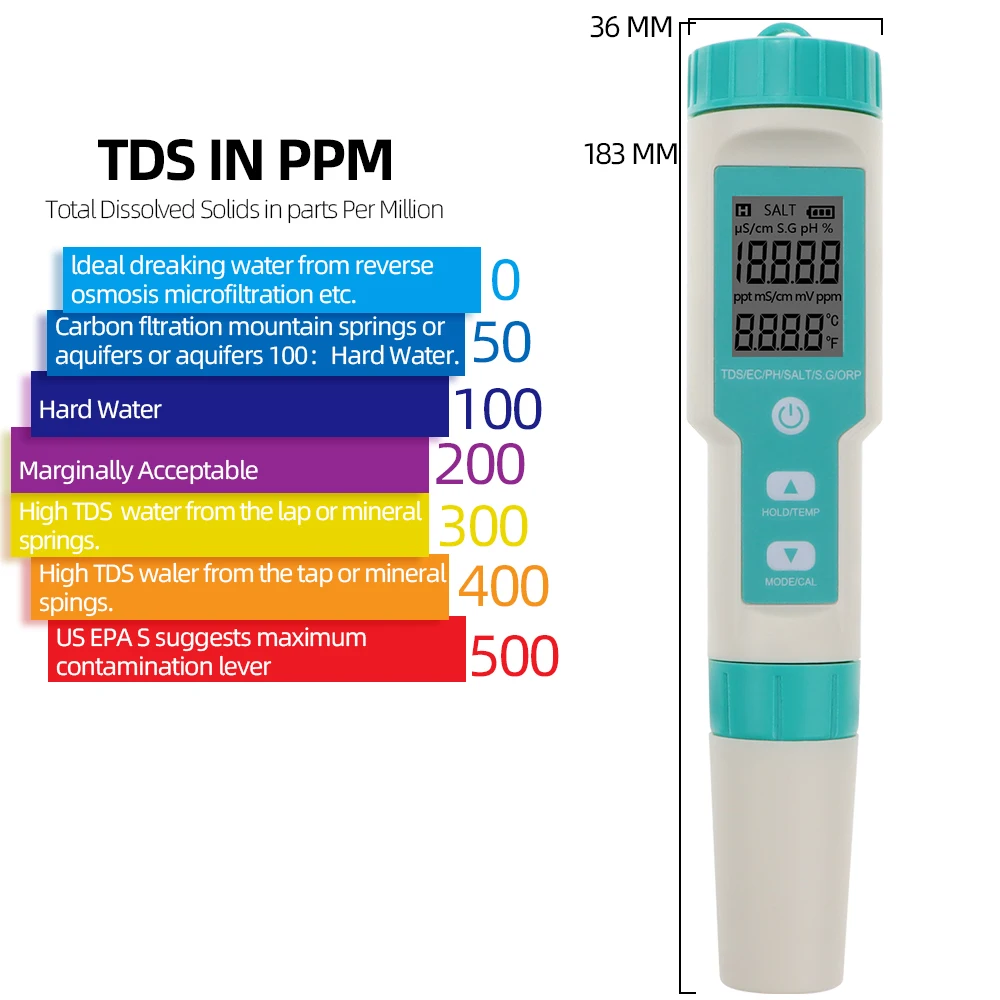 COM-600 7 in 1 ph tds ec orp Salzgehalt s. G Temperatur messer Wasser qualitäts monitor Tester ip67 für Trinkwasser, Aquarien pH-Meter
