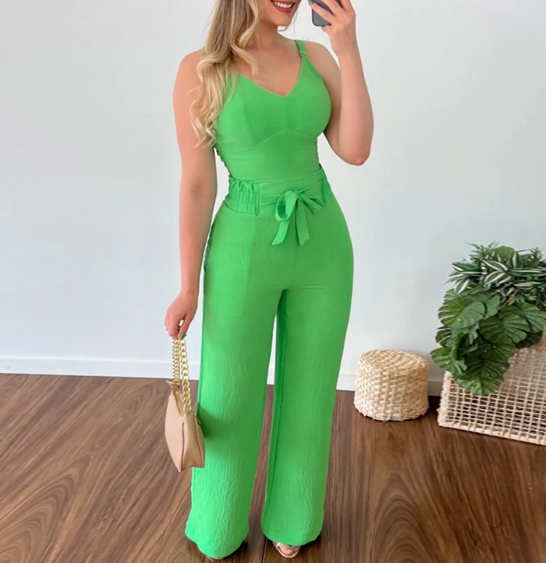 Elegant Women's Pants Set 2024 Spring V-Neck Short Back Strap Crop Top High Waist Pocket Straight Pants Casual Two Pieces Office