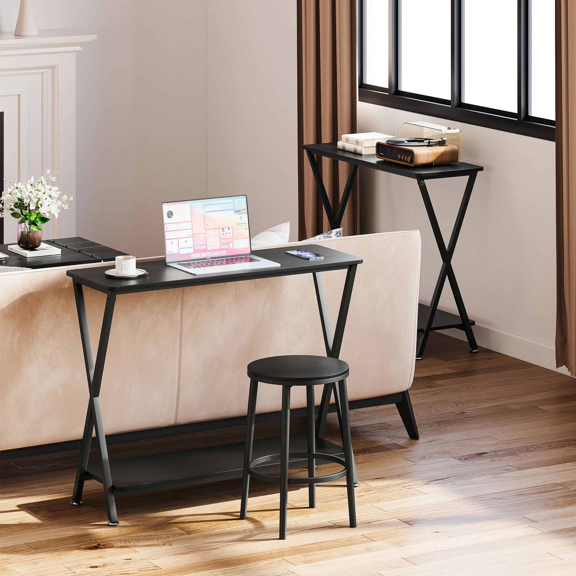 Industrieller Schmaler Konsolentisch 2-stufiger Sofa-Beistelltisch mit Ablagefach, Metallrahmen für Flur Eingangsbereich Hinter Sofa Eingangspfosten – Detail 13
