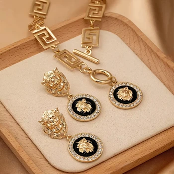 1/3PCS Lion Head Pendant Necklace Earrings Set for Women Simple Fashion Earrings Ring Jewelry Accessories Hot Sale Party Gift 1